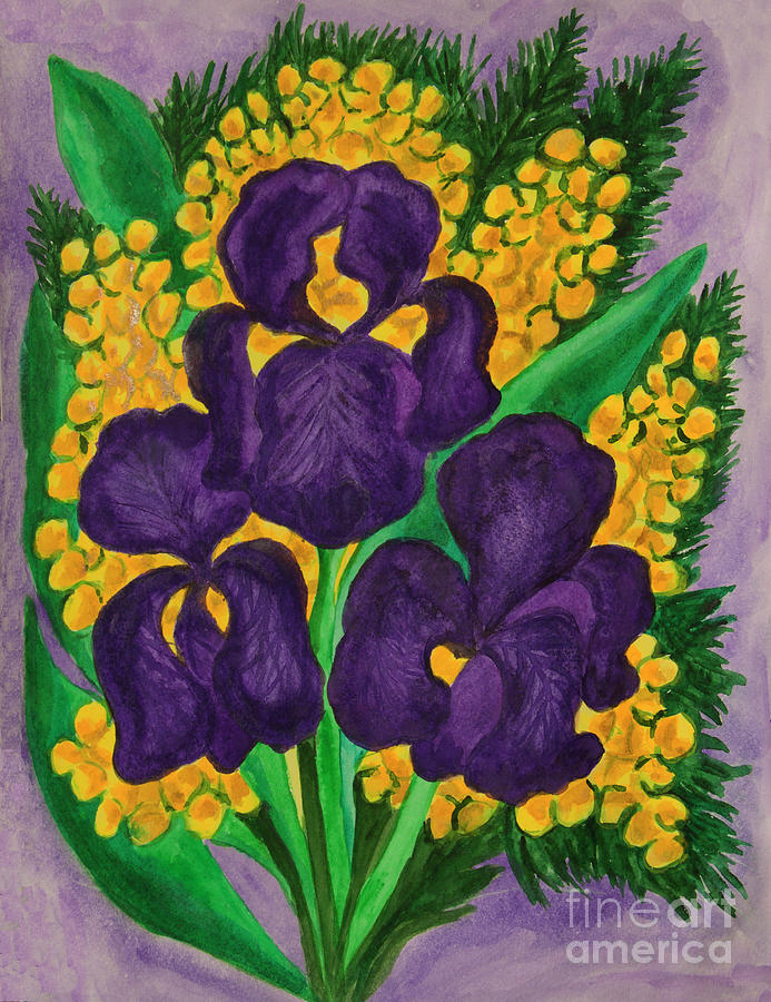 Violet irises and mimosa Painting by Irina Afonskaya
