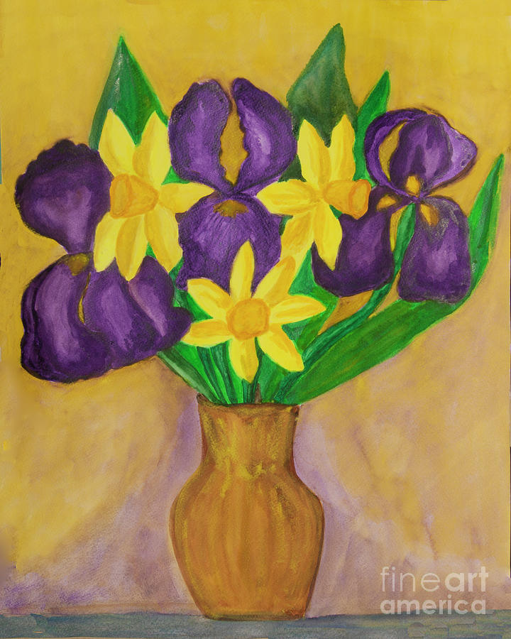 Violet irises and yellow daffodiles in vase Painting by Irina Afonskaya