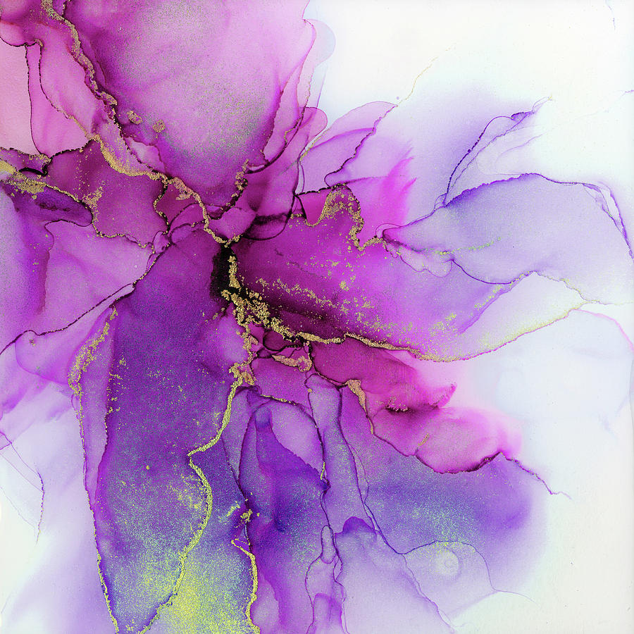 Abstract Ink Painting - Violet Magenta Gold Abstract Ink Art by Olga Shvartsur