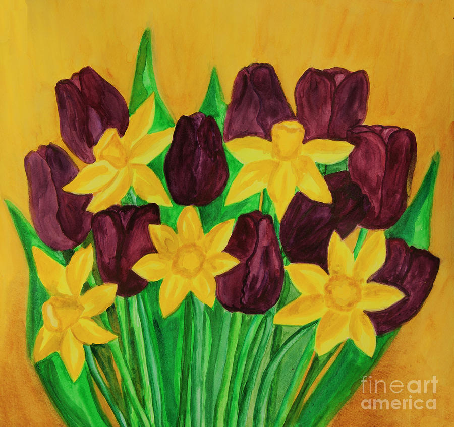 Violet tulilips and yellow daffodiles in bouquet Painting by Irina Afonskaya