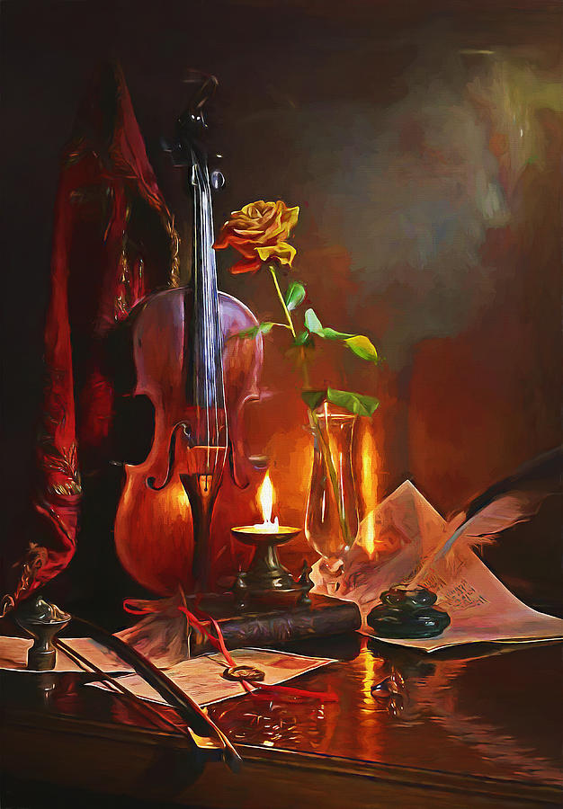 Violin and old book Painting by Nenad Vasic