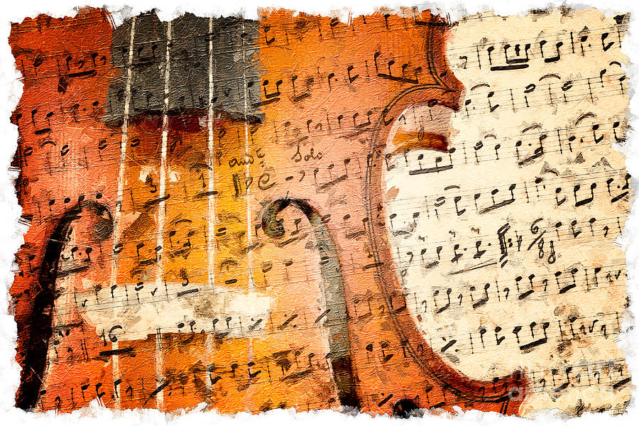 Music Painting - Violin on musical note background oil effect by Gregory DUBUS