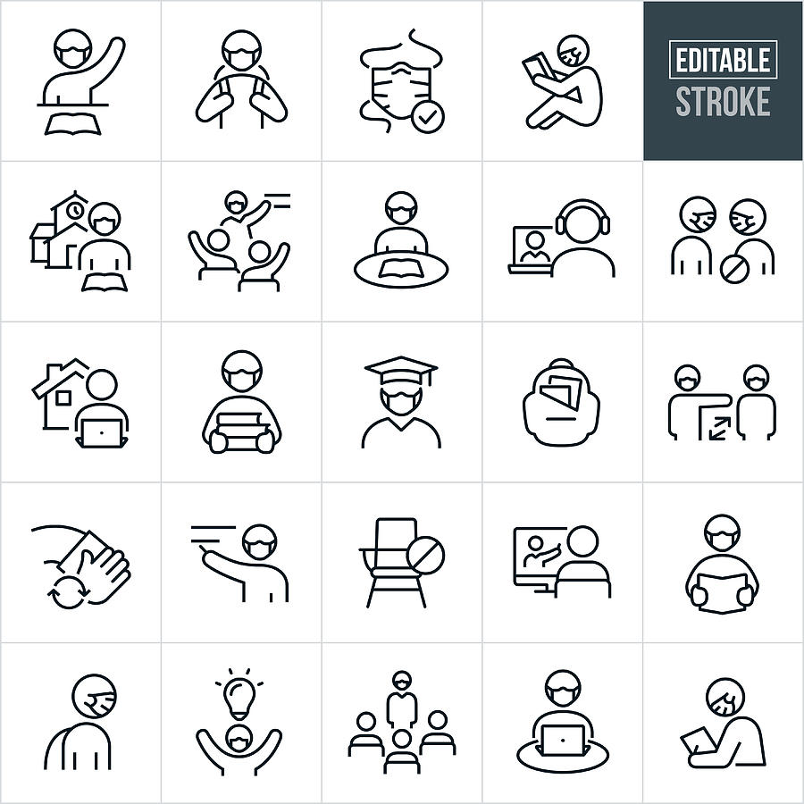 Viral Illness Protection In Education Thin Line Icons - Editable Stroke Drawing by Appleuzr