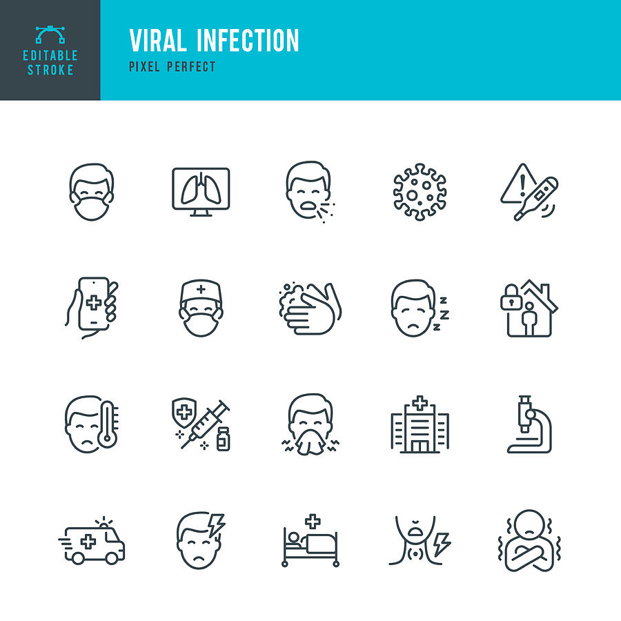VIRAL INFECTION - thin line vector icon set. Pixel perfect. Editable stroke. The set contains icons: Coronavirus, Sneezing, Coughing, Doctor, Fever, Quarantine, Cold And Flu, Face Mask, Vaccination. Drawing by Fonikum