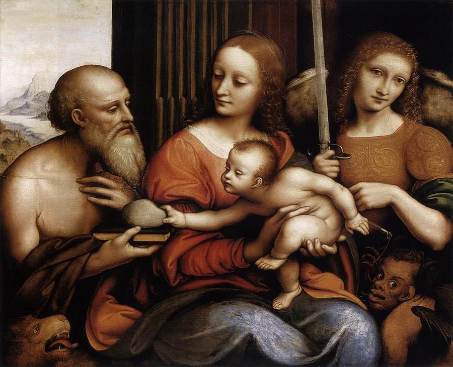 Miguel Painting -  Virgen con el Nino y los santos Jeronimo y Miguel arcangel by Giampietrino