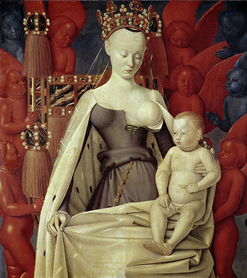 Virgin and Child Surrounded by Angels - 1450 - 94x85 cm - oil on panel- French School. AGNES SOREL. Painting by Jean Fouquet -1416-1480-
