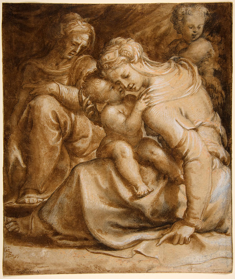 Virgin and Child with Saint Anne and John the Baptist Drawing by Francesco Salviati