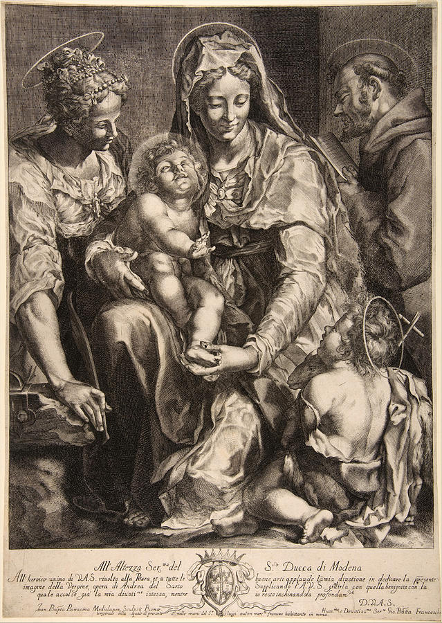 Virgin and Child with Saint Catherine, Francis of Assisi and John the Baptist Drawing by Giovanni Battista Bonacina