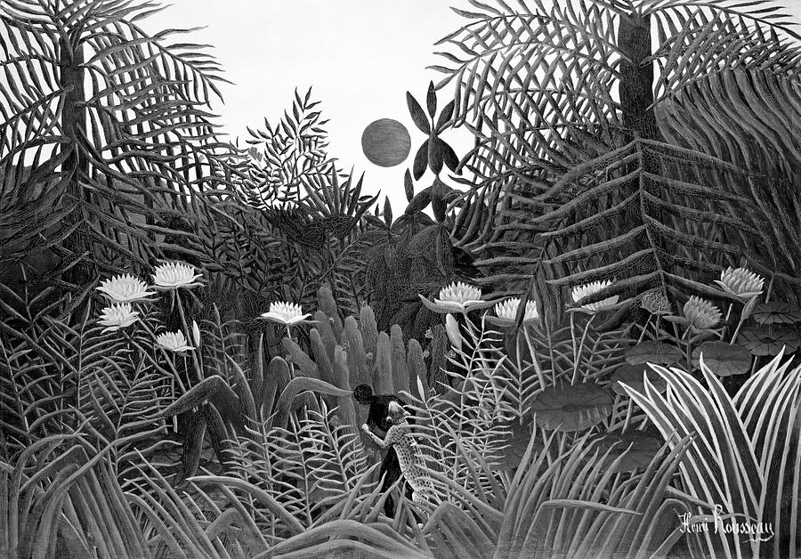 Virgin Forest with Sunset BW Painting by Bob Pardue