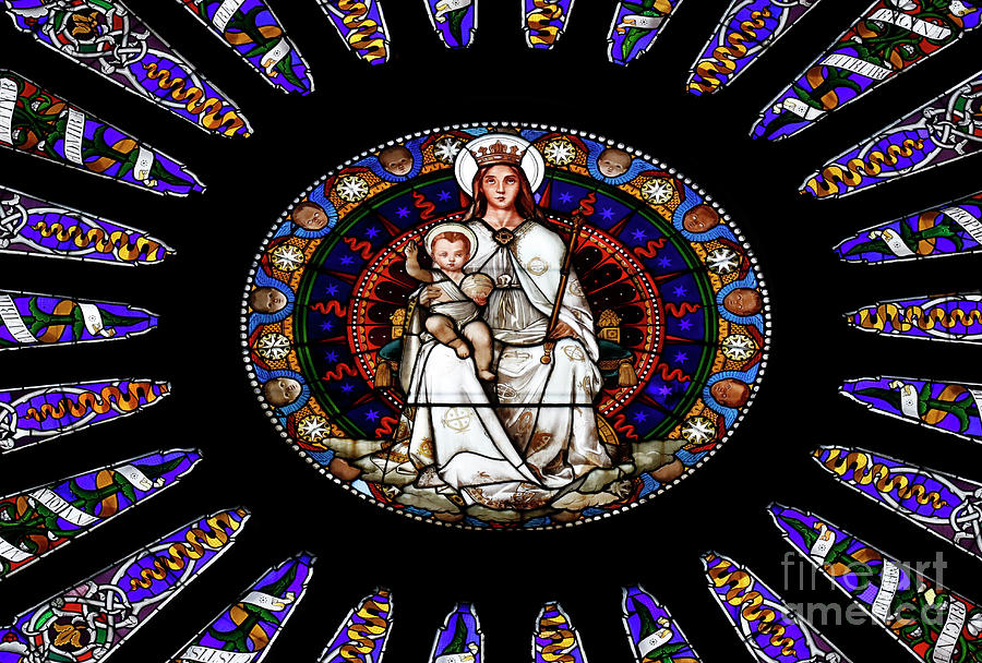 Virgin Mary and child, Rose window 14th century, Stained glass window Glass Art by European School