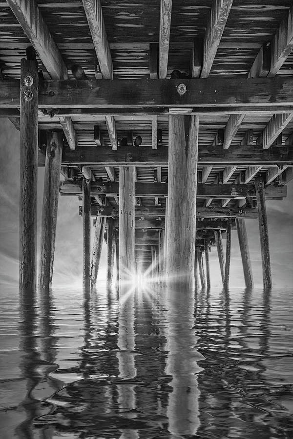 Virginia Beach Pier Sunrise BW Photograph by Susan Candelario
