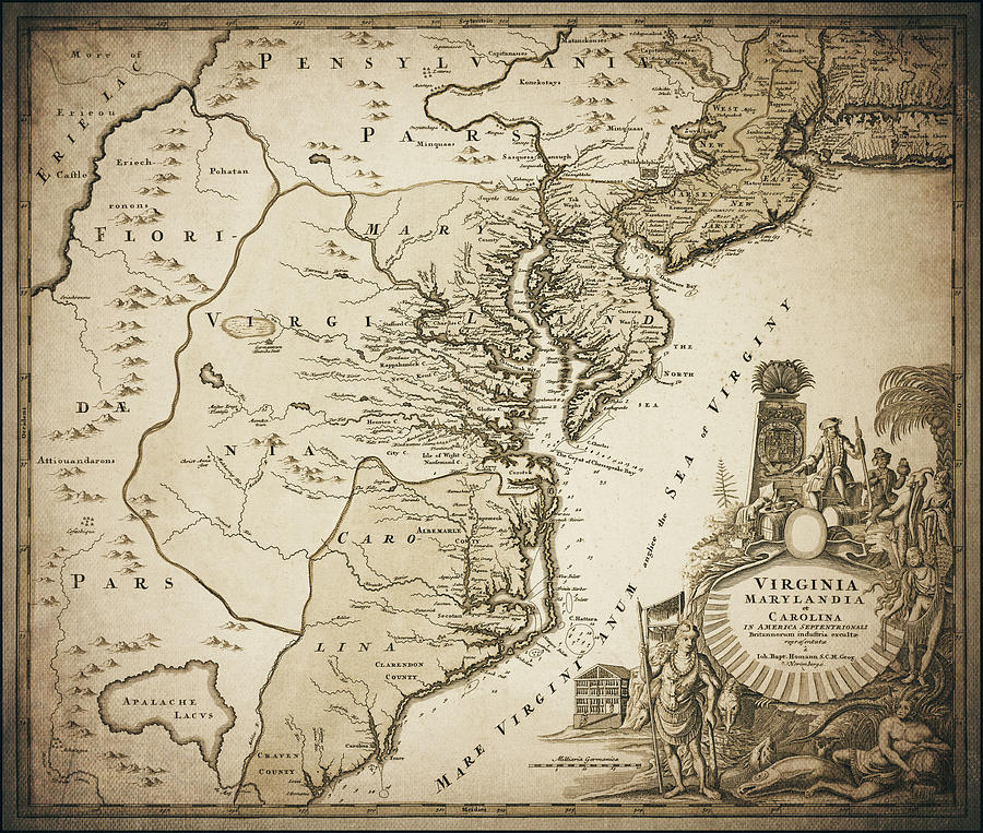 Virginia Maryland And Carolina Vintage Map 1700 Sepia Carol Japp 