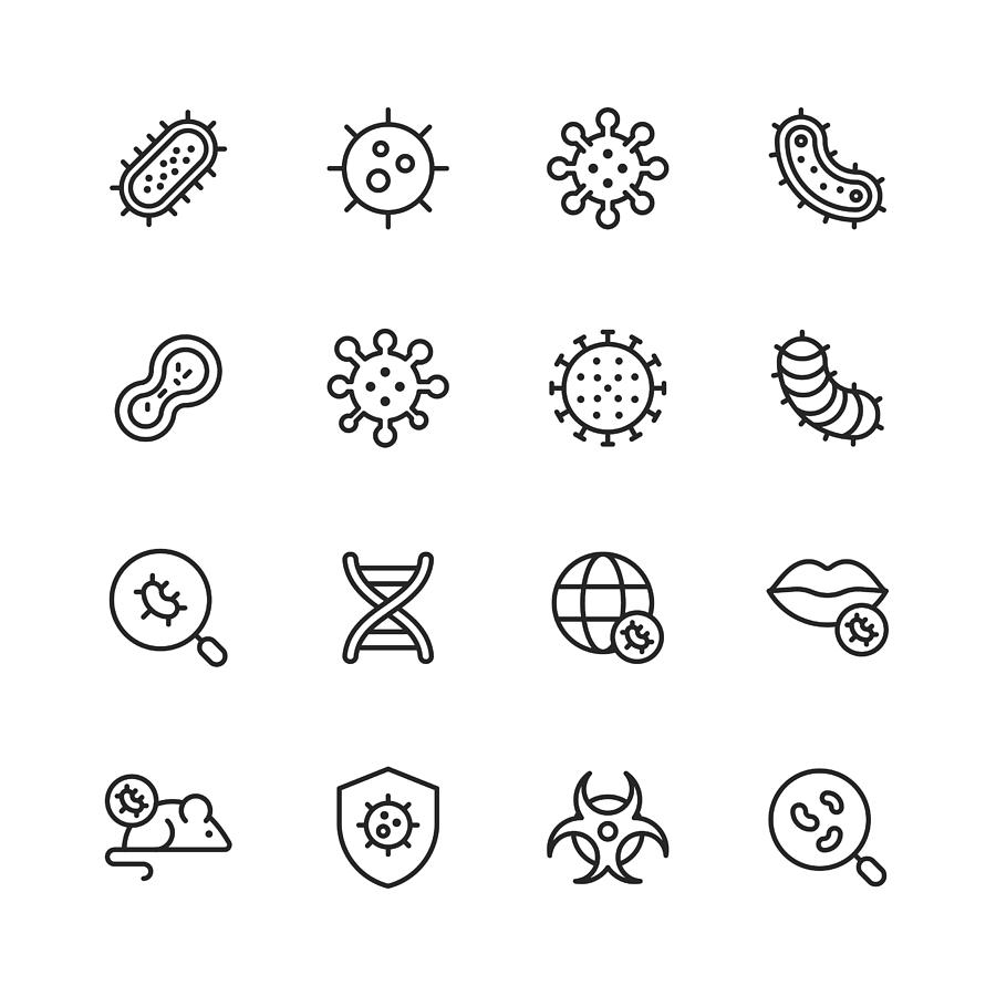 Virus and Bacteria Line Icons. Editable Stroke. Pixel Perfect. For Mobile and Web. Contains such icons as Bacterium, Infection, Disease, Virus, Cell, Flu, Research, Pandemia, Mouth. Drawing by Rambo182