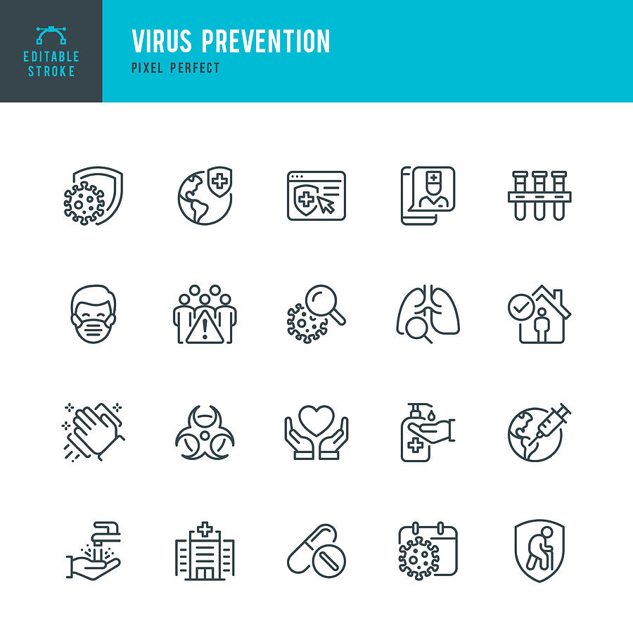 Virus Prevention - thin line vector icon set. Pixel perfect. Editable stroke. The set contains icons: Coronavirus, Virus, Quarantine, Vaccination, Biohazard Symbol, Washing Hands, Social Distancing, Face Mask. Drawing by Fonikum