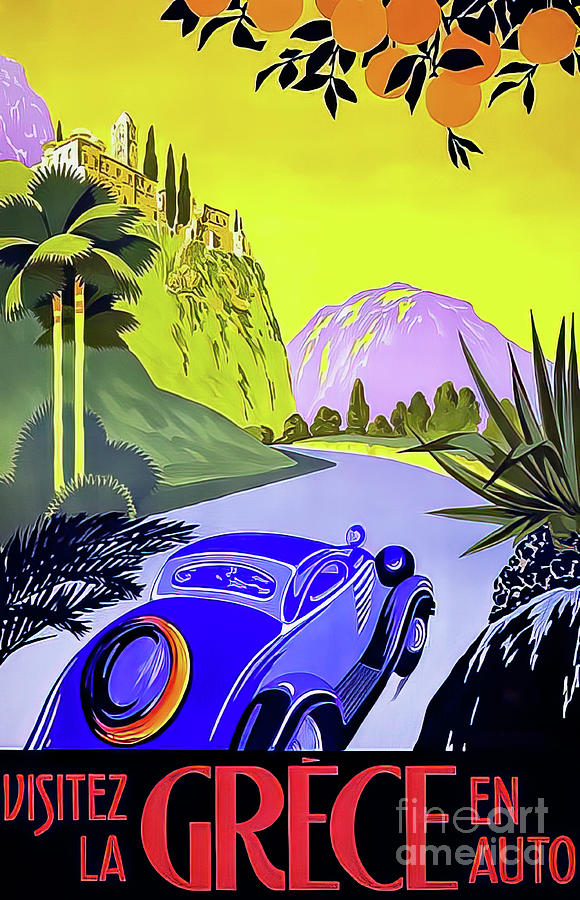 Visit Greece by Automobile 1932 Art Deco Travel Poster Drawing by M G Whittingham