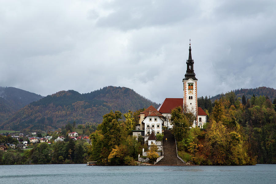 Visiting lake Bled island church on a rainy morning. Photograph by Ian Middleton