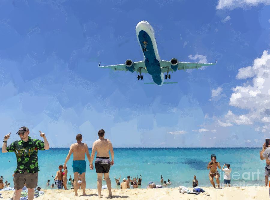 Visitors on Maho Beach await a low aircraft flyover into Juliana Airport, Saint Martin, West Indies Photograph by William Kuta