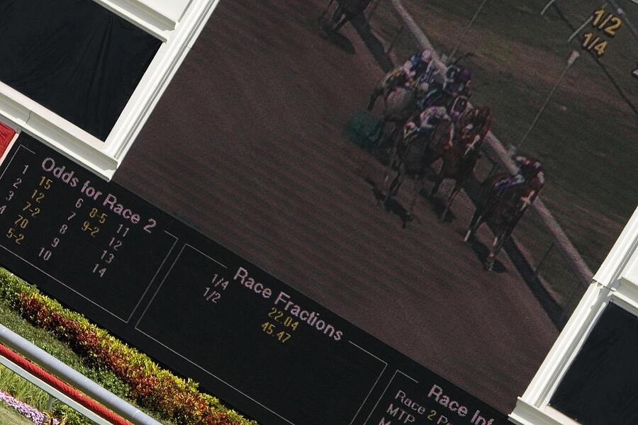 Visual screen in a horse racing stadium Photograph by Glowimages