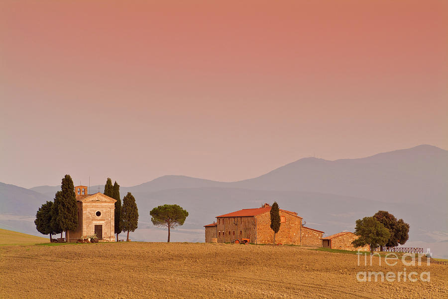 Vitaleta chapel at sunset, Val dorcia Tuscany Photograph by Neale And Judith Clark