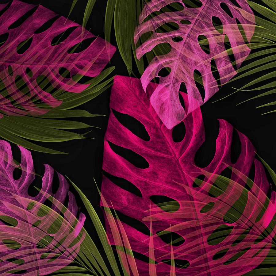 Tropical Leaves  - magenta and olive  Painting by Bonnie Bruno
