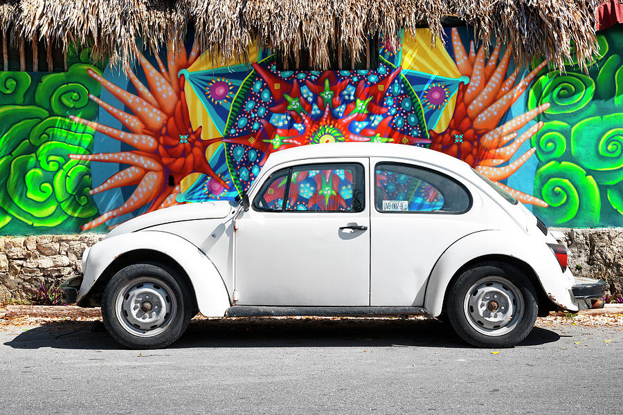 Viva Mexico Collection - Cancun White VW Beetle Car Photograph by Philippe HUGONNARD