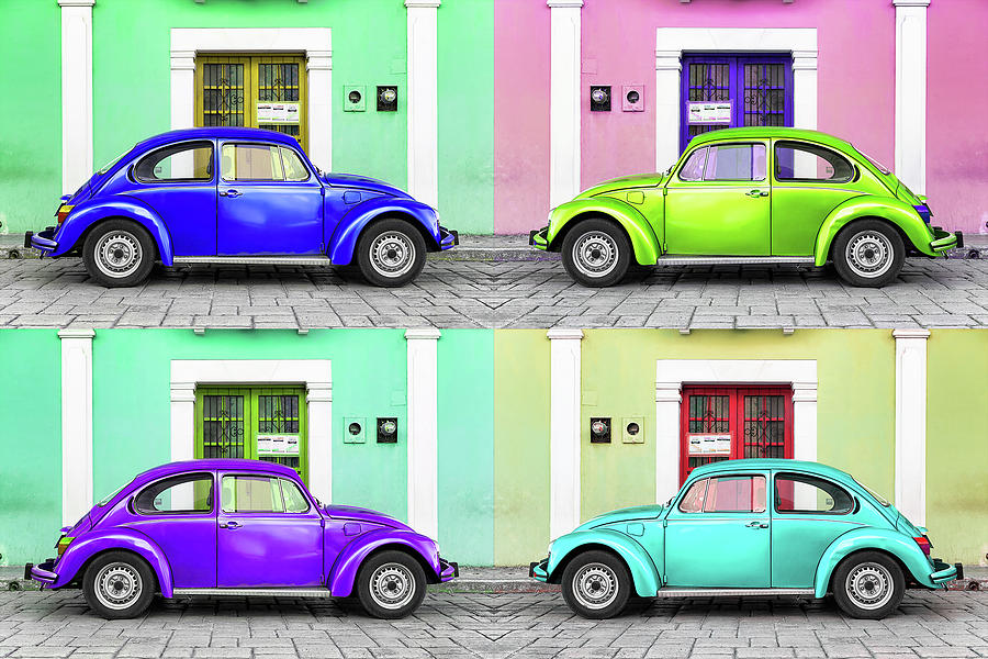 Viva Mexico Collection - Four VW Beetle Cars with Colors Street Wall Photograph by Philippe HUGONNARD