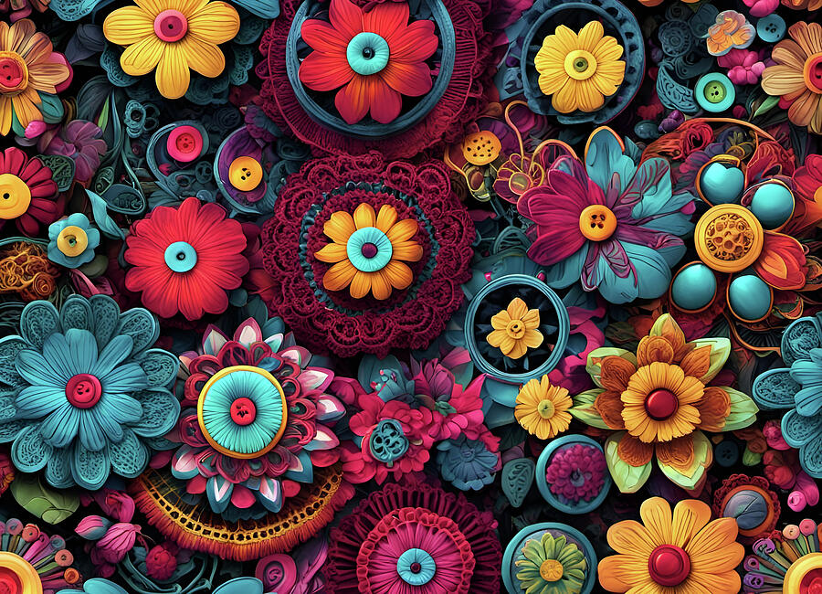 Vivid Button Flowers Digital Art by Deb Beausoleil