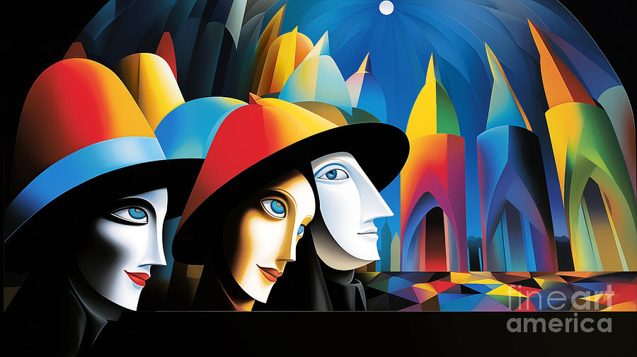 Vivid digital art depicting three stylized faces with colorful hats  Digital Art by Odon Czintos