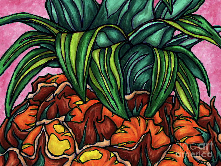 Vivid pineapple painting, exotic summer fruit Painting by Nadia CHEVREL