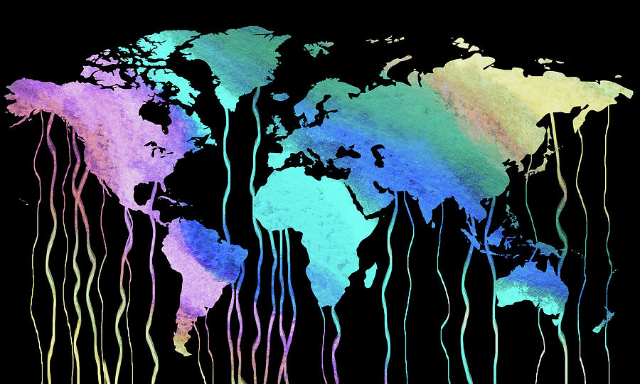 Vivid Rainbow Glow World Map Silhouette Waves Painting by Irina Sztukowski