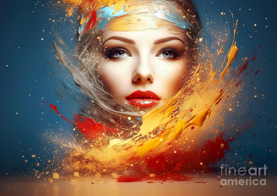 Abstract Digital Art - Vivid splashes of color swirl around a woman face by Odon Czintos