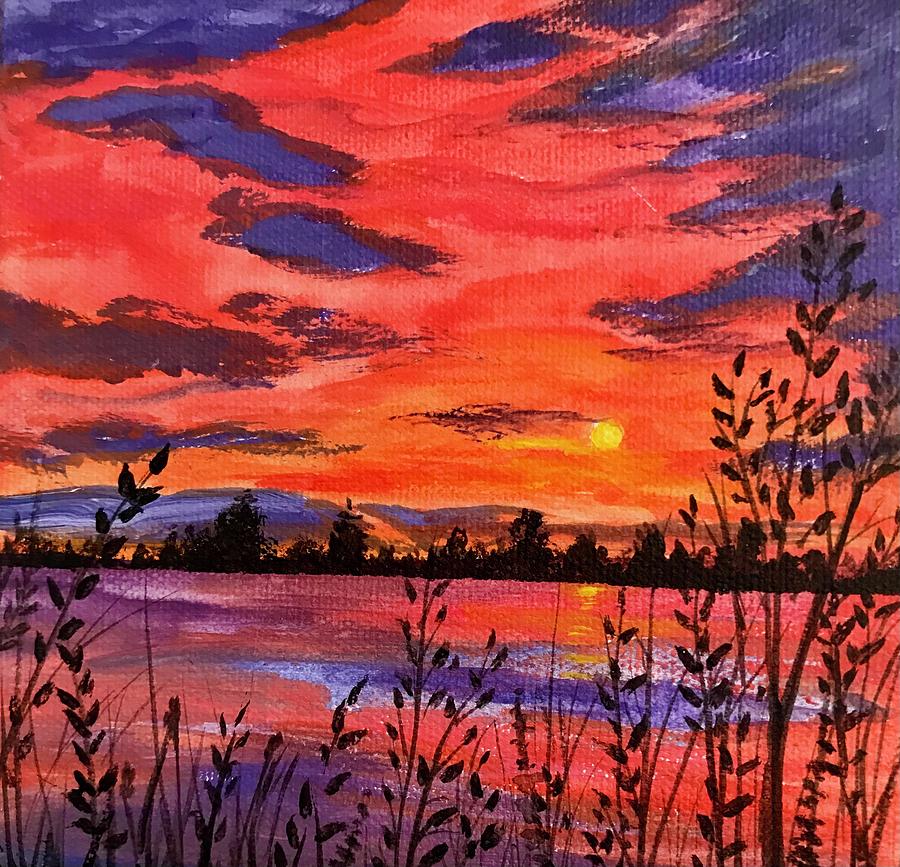 Vivid Sunset on the Lake Painting by Denise Van Deroef