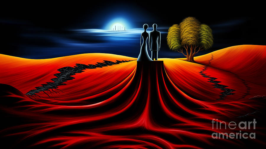 Vivid surreal landscape with flowing red terrain, silhouette couple on pedestal Digital Art by Odon Czintos