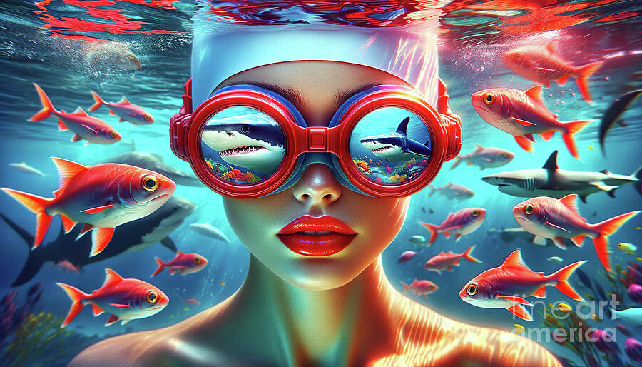 Vivid underwater portrait of a woman wearing large goggles that reflect a shark and coral reef Digital Art by Odon Czintos