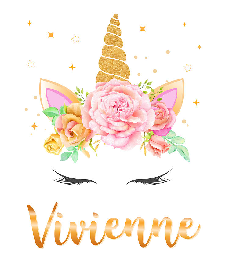 Vivienne Name Unicorn Horn with flower wreath and Gold Glitter, Unicorn ...