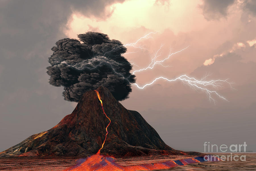 Nature Digital Art - Volcano and Lightning by Corey Ford