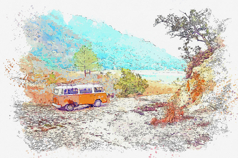 Volkswagen Kombi on Unpaved Road, watercolor, ca 2020 by Ahmet Asar Digital Art by Celestial Images