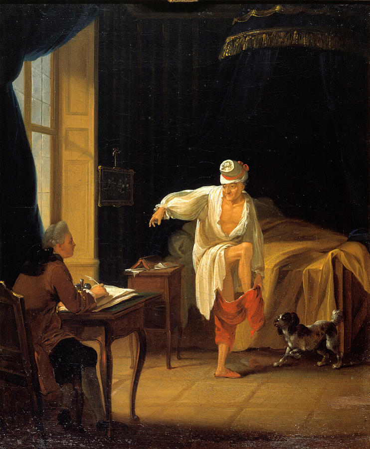 Voltaire dictating his secretary Cosimo Alessandro Collini  Painting by Jean Huber
