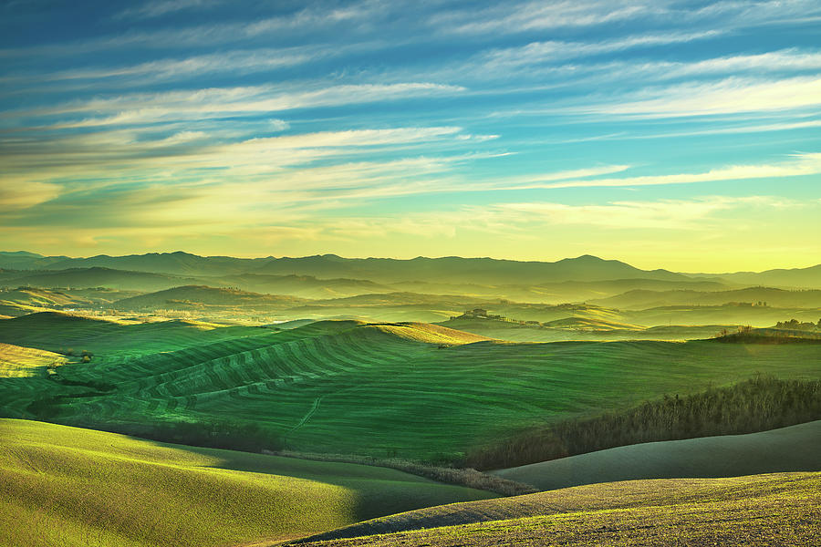 Volterra Panorama, Rolling Hills and Green Fields Photograph by Stefano Orazzini