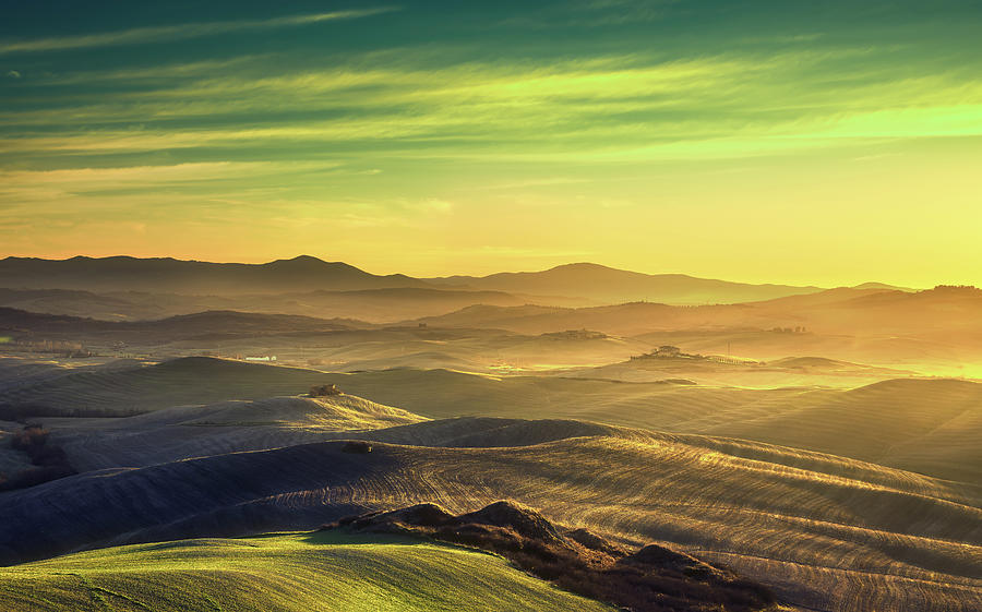 Volterra panorama, rolling hills and green fields. Tuscany, Ital Photograph by Stefano Orazzini