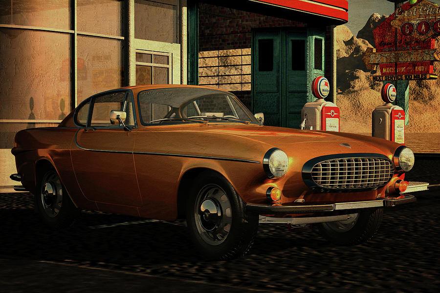 Volvo P1800 S Coupe from 1961 with oldtimers Gas station Digital Art by Jan Keteleer