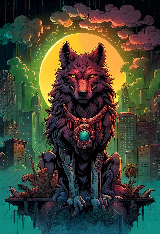 Voodoo Wolf Under The Full Moon Of The City Digital Art by Jason Denis