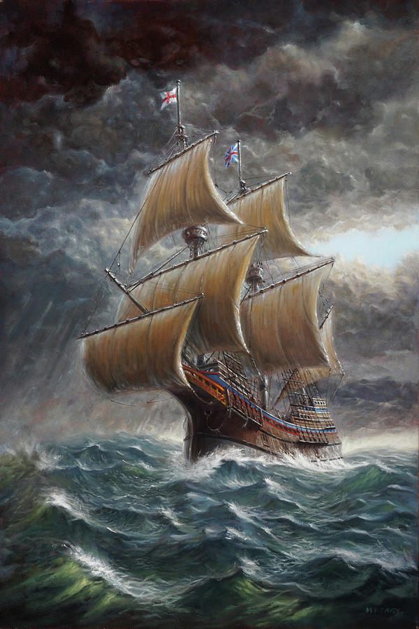 Voyage of the Mayflower in rough seas Painting by Martin Davey