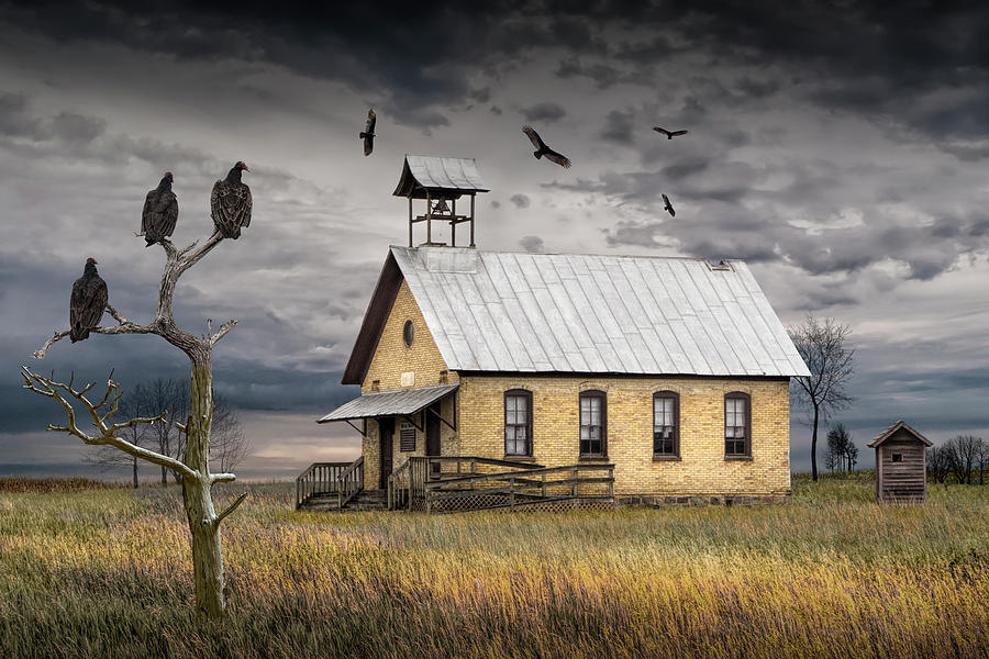 Vultures Circuling over an Abandoned One Room School House Photograph by Randall Nyhof
