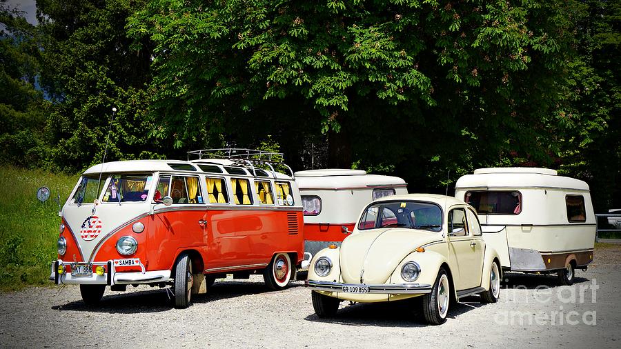 VW Bus and Beetle with Eriba Puck Caravan Photograph by Claudia Zahnd-Prezioso