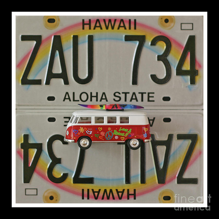 VW Bus and Hawaii Rainbow Print - Recycled Hawaii License Plates Art  Mixed Media by Steven Shaver