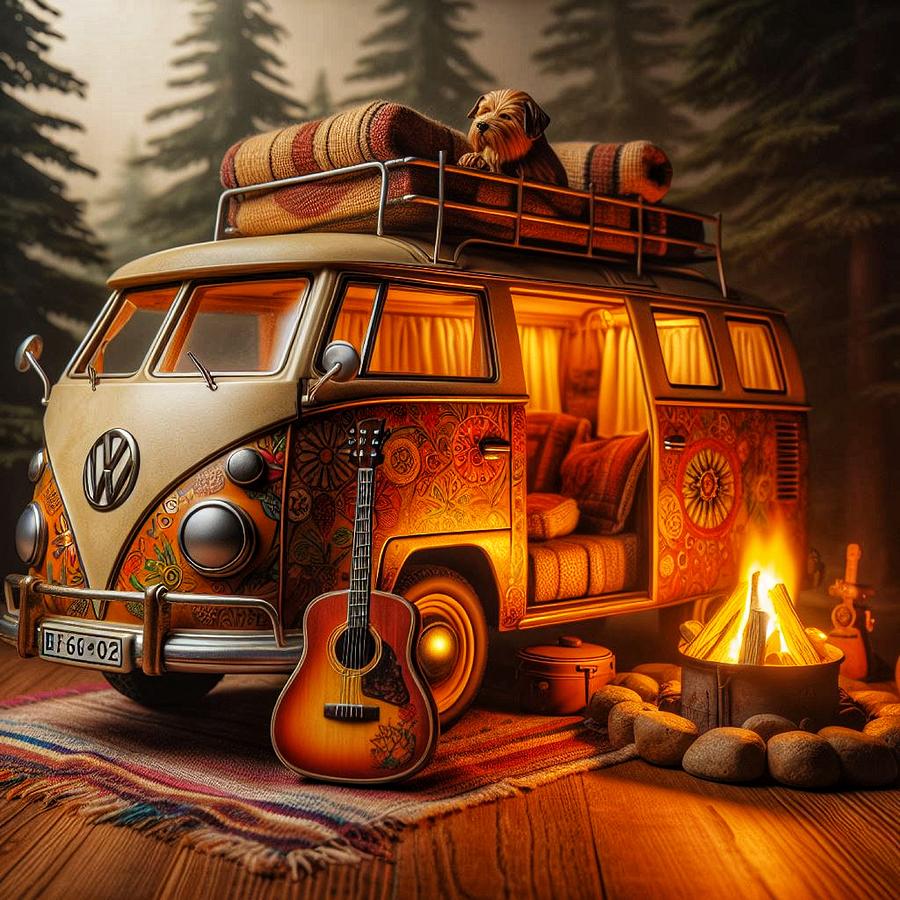 Volkswagen Bus Digital Art - VW Bus Cozy Camping  by Gary Dance