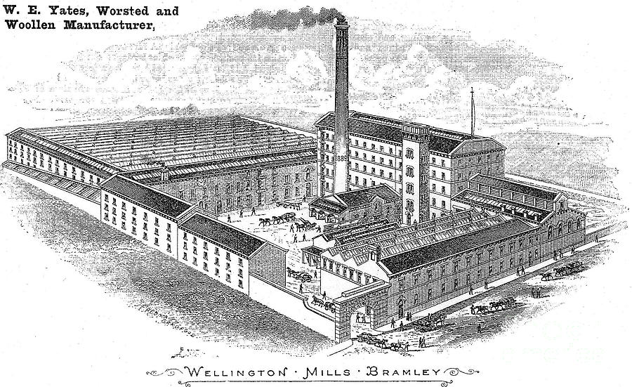 W. E. YATES, WORSTED AND WOOLLEN MANUFACTURER, WELLINGTON MILLS, BRAMLEY, Leeds, Yorkshire, UK. Drawing by Mick Flynn