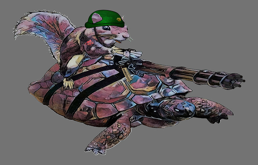 Turtle Drawing -  Wacky Backyard Battle Animal Squirrel Turtle Gamer Geek Warfare by David McKinney