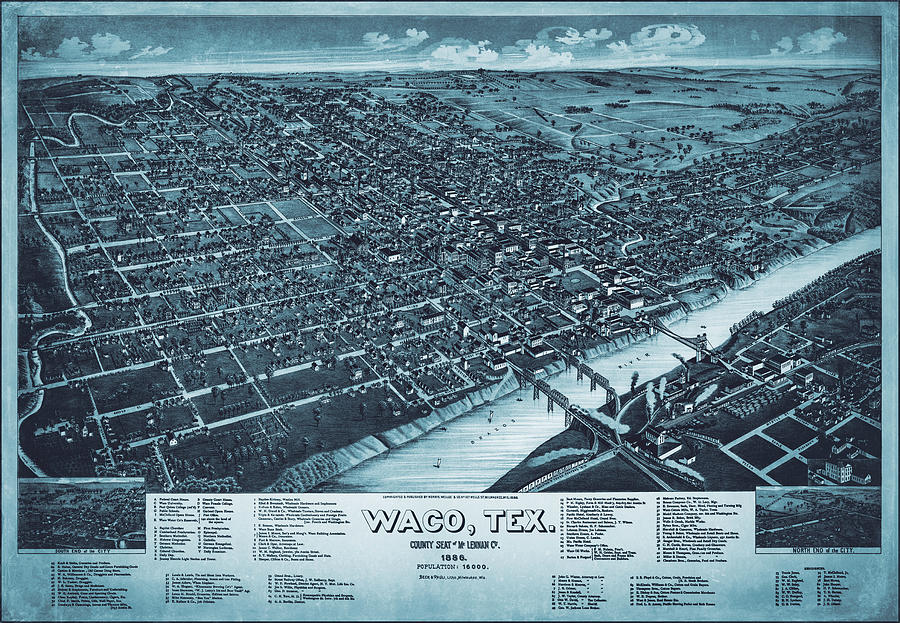 Waco Photograph - Waco Texas Vintage Map Birds Eye View 1886 Blue  by Carol Japp
